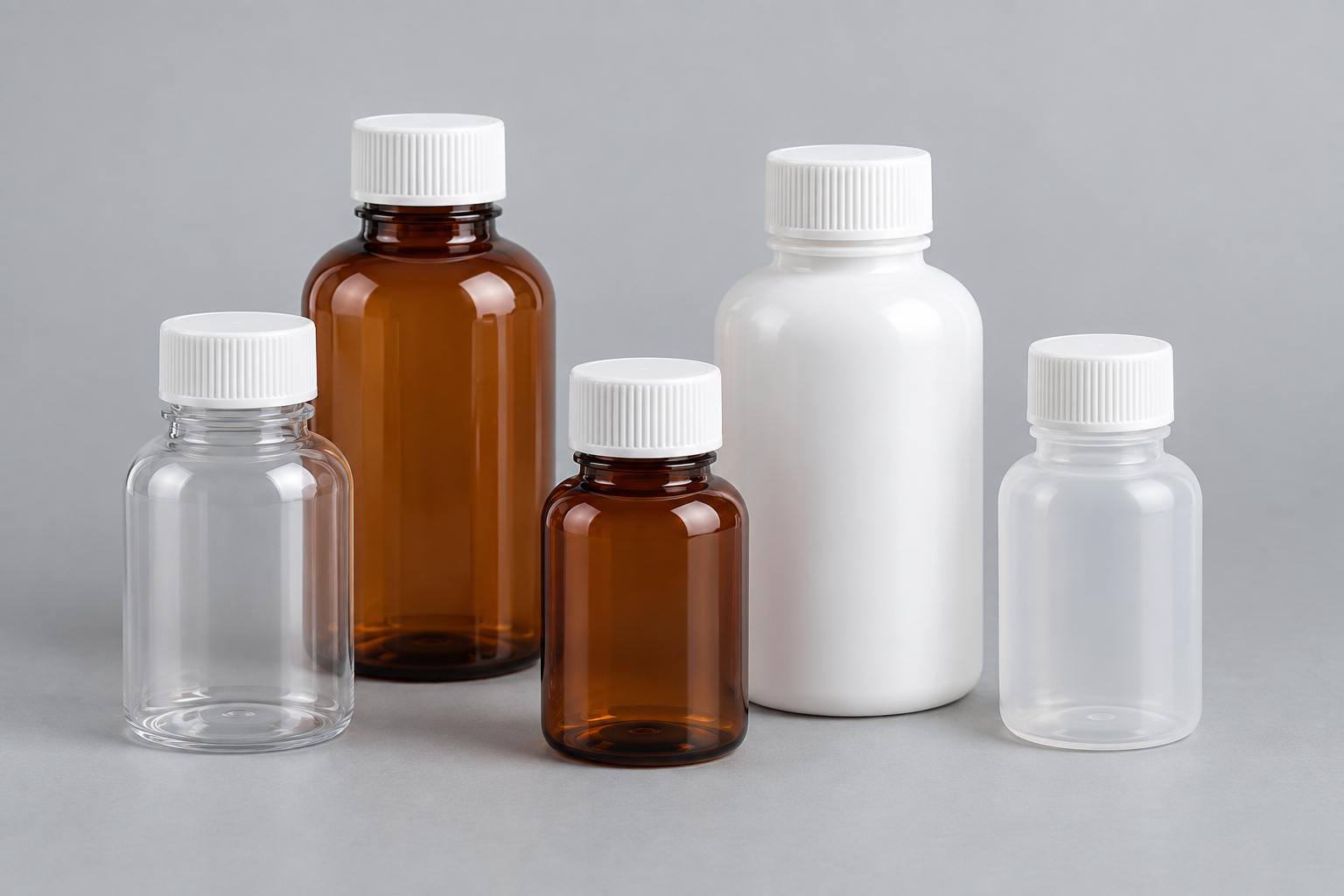 Representative small unbranded plastic bottles with screw caps for liquid medicines